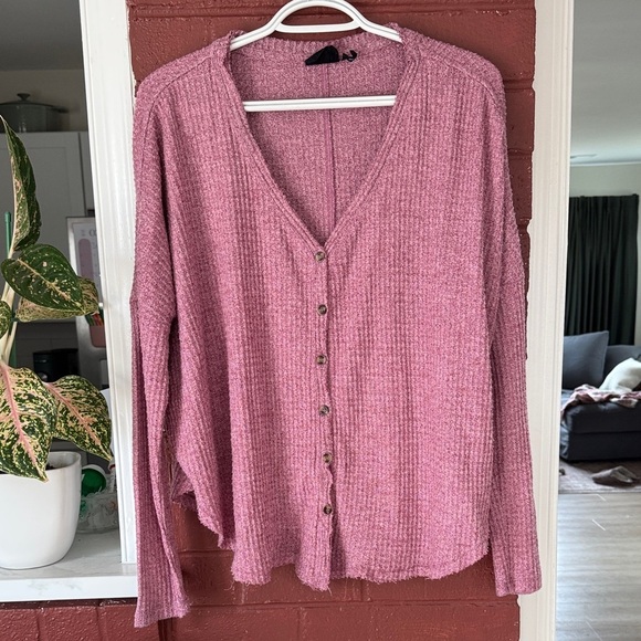 Urban Outfitters Sweaters - Urban Outfitters Pink Button-Front Ribbed V-Neck Long Sleeve Top